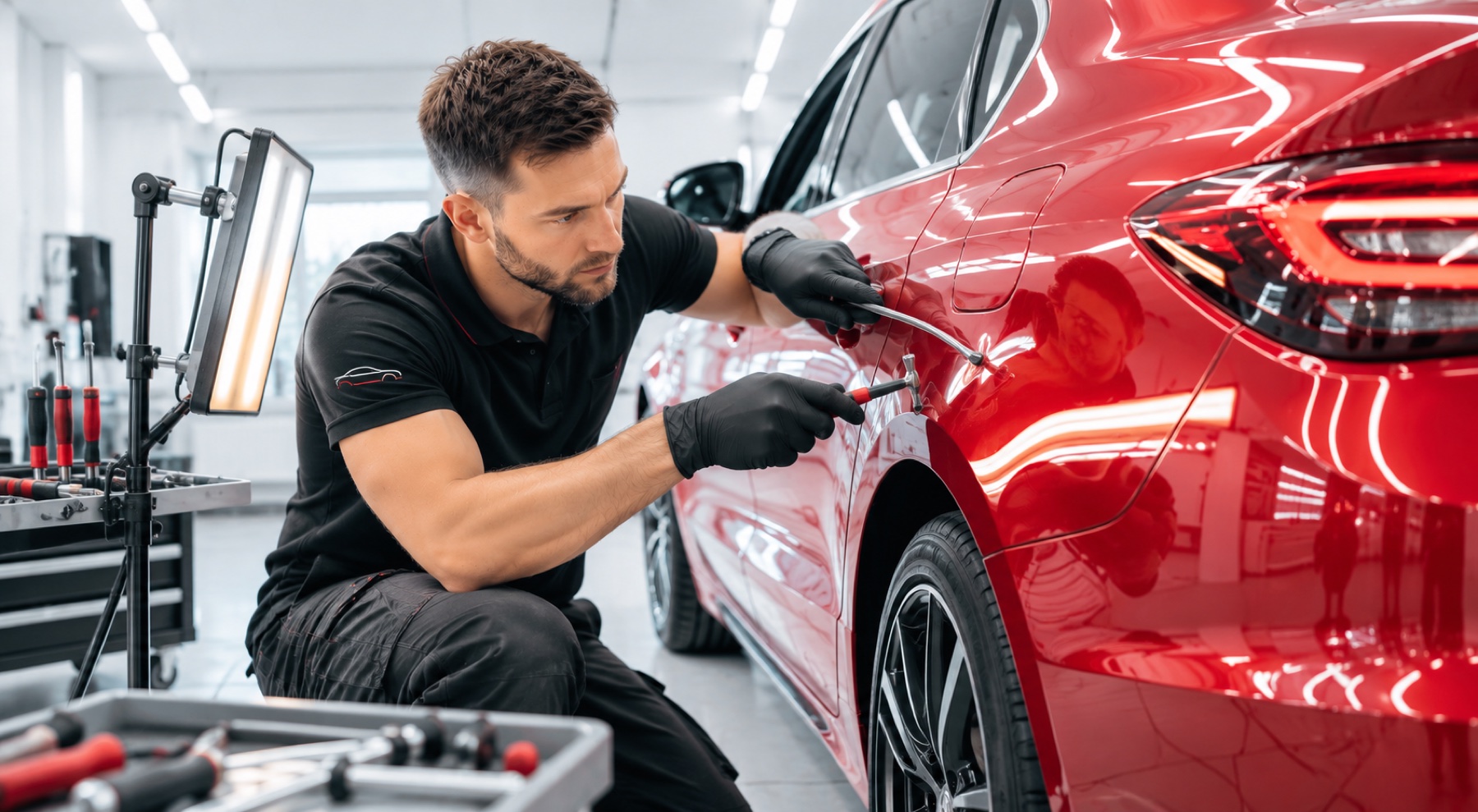 Technik PDR naprawia wgniecenie na czerwonym aucie przy lampie cieniowej